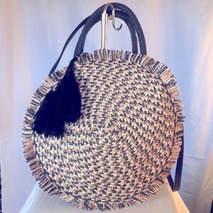 MUD PIE tweed round handbag. Cream, tan, & black print.